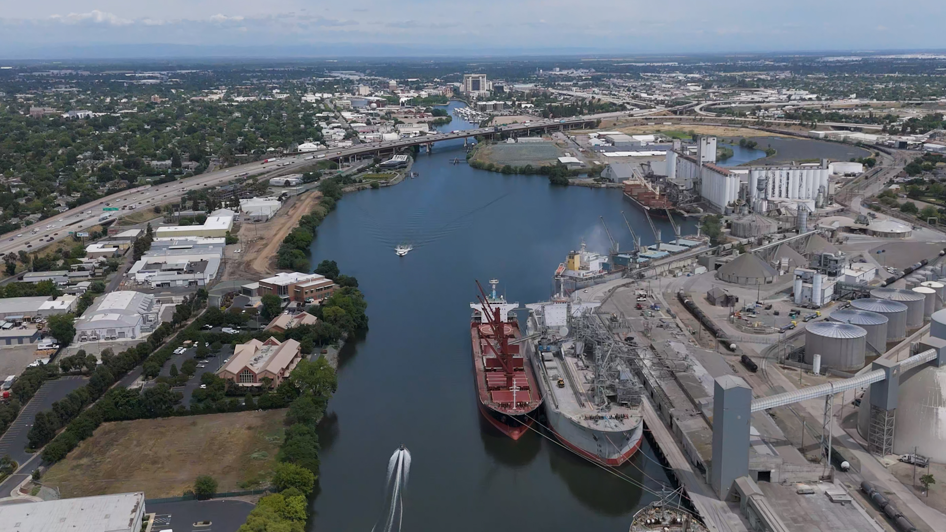 Aerial view of the Port of Stockton and the San Joaquin River
